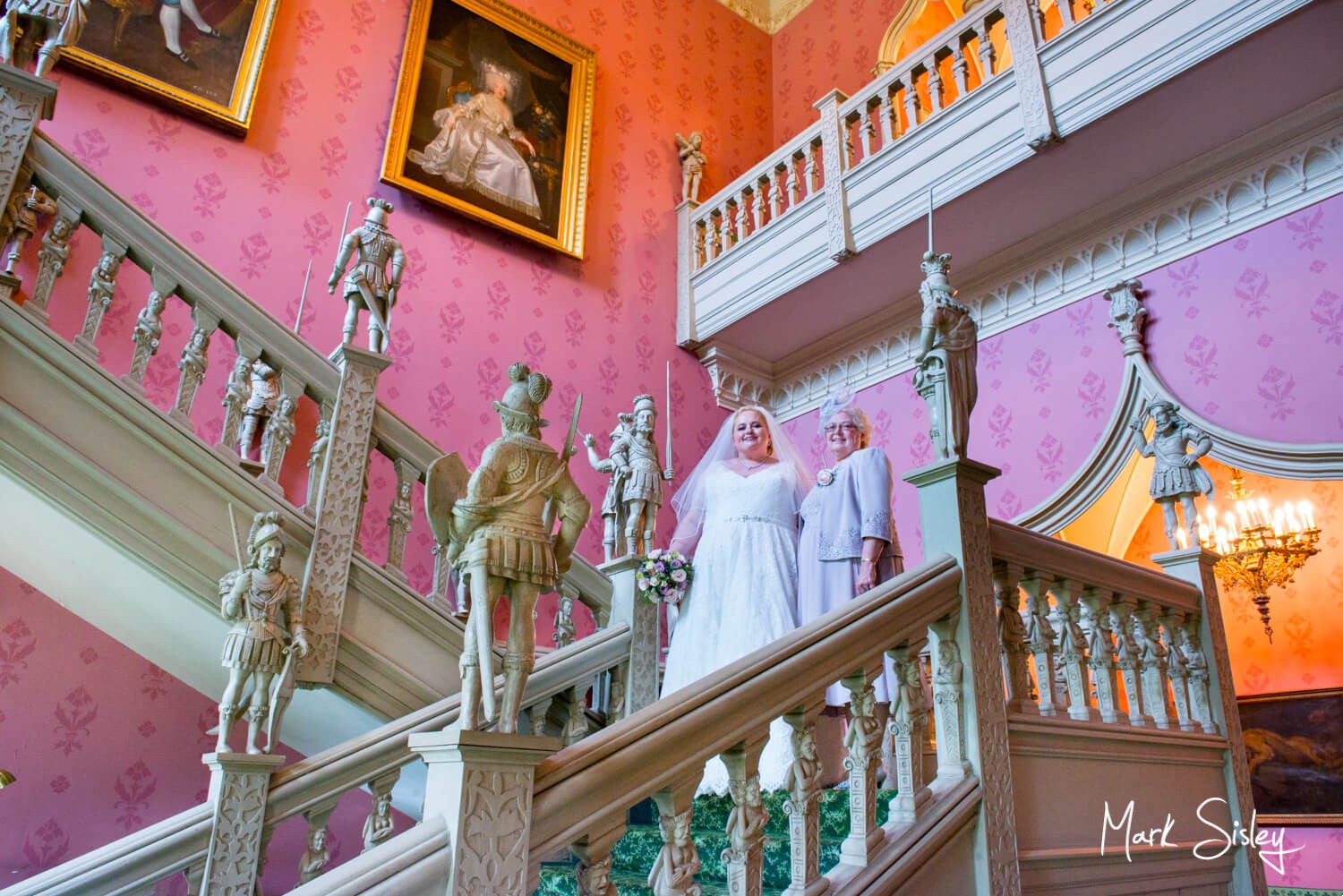 Hartwell House autumn wedding photography on the staircase pre ceremony