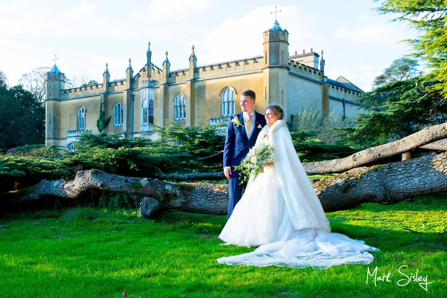 Missenden Abbey autumn wedding newlyweds under the cedar tree