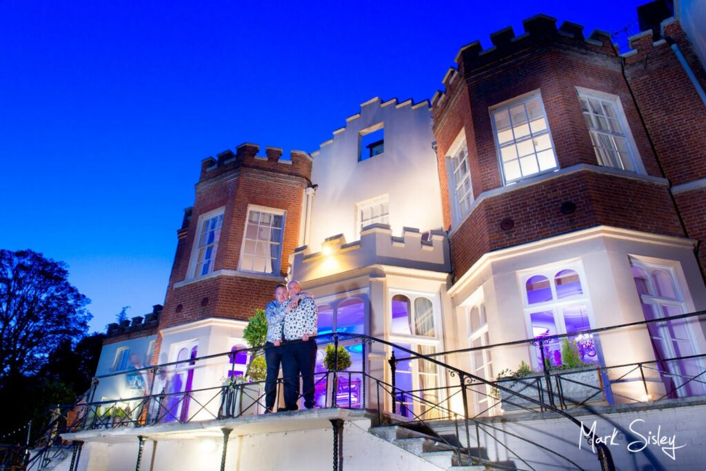 Taplow House Hotel same sex wedding pose at dusk