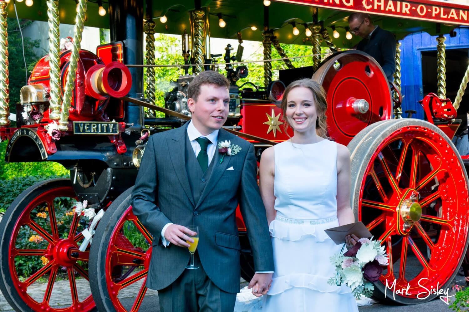 Missenden Abbey wedding pictures - couple with steam engine