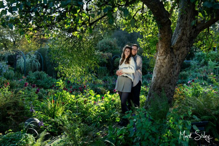 Stunning low evening light for this autumn Chenies Manor engagement portrait session