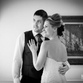 Black and white portrait of bride and groom at Taplow House Hotel wedding