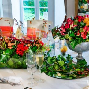 Autumnal wedding breakfast place setting at Taplow House Hotel wedding