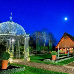 Dairy, Waddesdon Christmas wedding view of the rosary at dusk