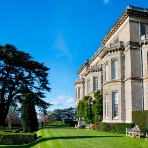 Hedsor House wedding photographs of the exterior of the venue under blue skies
