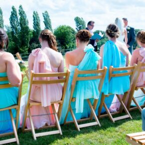 Guests in the garden at Notley Tythe Barn wedding