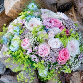 Gorgeous pastel wedding bouquet at Notley Tythe Barn wedding
