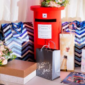 Notley Tythe Barn wedding gift table full of presents