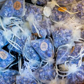 Photography of wedding confetti bags ready to use on the newly married couple at their Bay Tree Hotel wedding in Burford