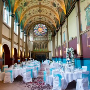 Photography of the vast chapel interiors and wedding breakfast setup at this the Beaumont Estate wedding venue in Windsor  