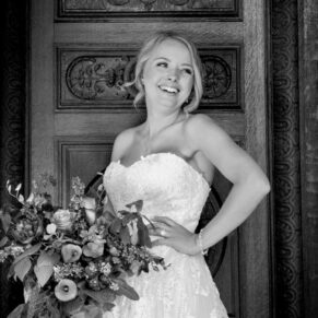 Black and white Buckinghamshire wedding photography of bride at Waddesdon Manor