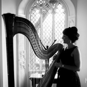 Cliveden House wedding photography - silhouette shot of the harpist at Spring Cottage