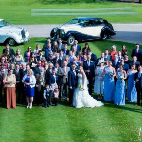 All the wedding guests captured on the front lawn from high above on the roof of Dorton House 
