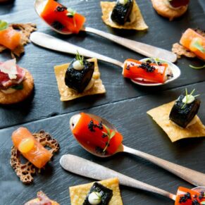 Delicious wedding canapes prepared by the chefs at Le Manoir Aux Quat Saisons 