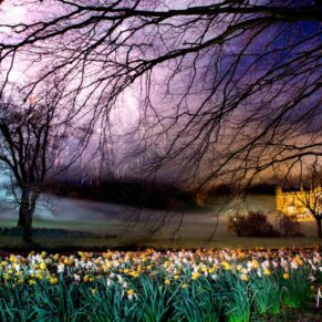 Dramatic and colourful fireworks illuminate the dark skies above this Grade I listed property during the evening reception 