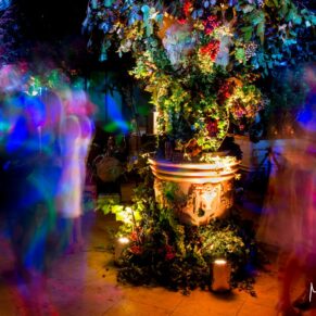 Time exposure lighting in the Wintergarden at The Dairy during the evening reception of the Roman urn centrepiece