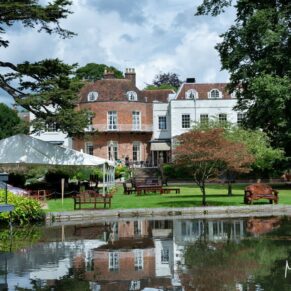 The fabulous hotel viewed from across the gorgeous watery gardens