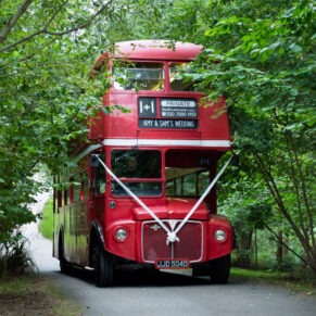 The red London double decker bus arriving through the tree lined avenue