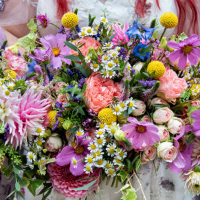 The bride’s vibrant summer bouquet captured at her summer woodland marriage in Buckinghamshire