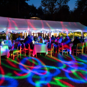 The colourful outdoor disco lights captured at this woodland evening reception