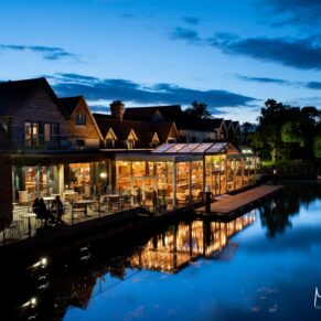 Swan at Streatley wedding - the view from the bridge over the River Thames at dusk