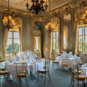 The historic French Dining Room at Cliveden House seen in all its colourful splendour prior to the wedding breakfast
