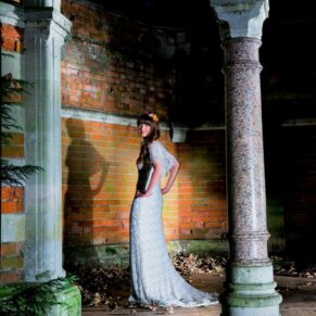 Buckinghamshire Winter Wedding Photography - dramatic bridal portrait captured after dark at the Tudor Barn in Burnham 