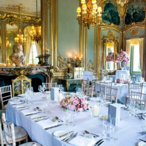 Photography of stunning wedding breakfast setup in the historic French Dining Room at Cliveden House 