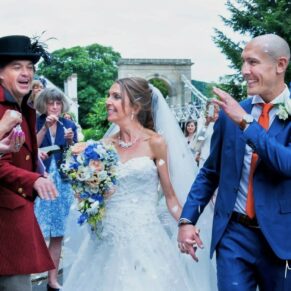 Colourful and fun packed confetti aisle captured at All Saints Church in Marlow before the newlyweds made their way across the bridge to their hotel for their drinks reception