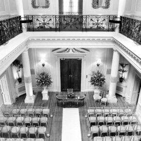 The Great Hall civil ceremony setup captured from the balcony 