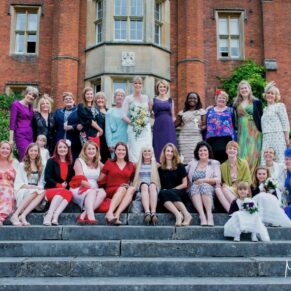 Wedding family photography group pose on the fabulous outdoor stone staircase at the Latimer Estate 