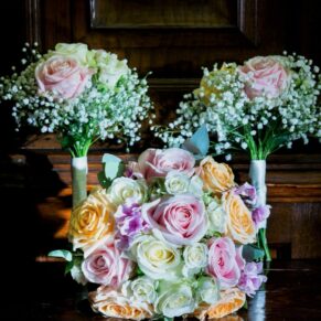 Wedding bouquet arrangement captured in the library on the Latimer Estate 