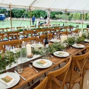 A wide view of the stunning marquee all set for the meal at this gorgeous Berkshire venue