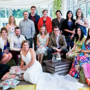 Micklefield Hall Wedding Photography - casual group pose inside the marquee
