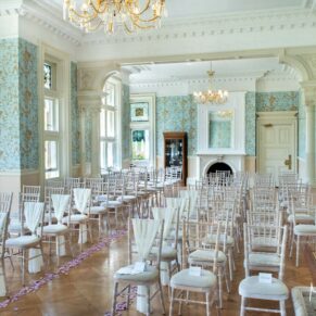 Stunning setup for the indoor civil wedding ceremony in the Oak Room at Pendley Manor Hotel 