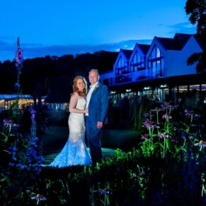 Night time wedding photography of the bride and groom at The Swan at Streatley Hotel 