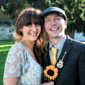 Close-up portrait of the newlyweds in the gardens