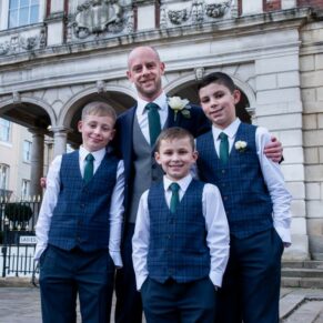 The groom with his boys outside the Guildhall in Windsor prior to his civil wedding ceremony