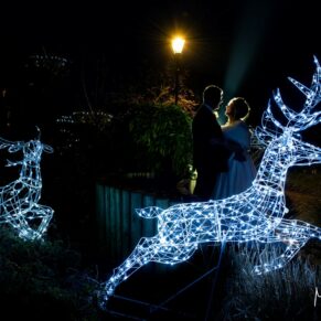 The Kings Chapel newlyweds captured in Old Amersham Memorial Gardens with the illuminated reindeer at dusk on their Christmassy wedding day 