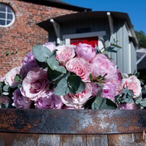 Gorgeous pink bouquets captured in the courtyard at Meols Hall