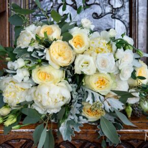 Bouquet wedding photography of this striking white floral arrangement at this Buckinghamshire barn venue 